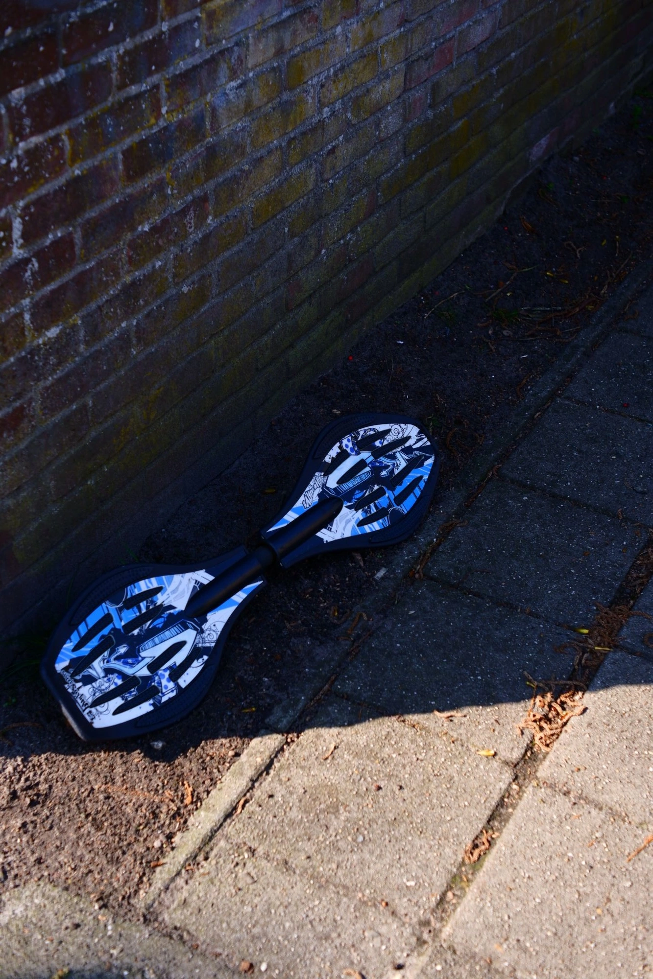 Blue ripstick board laying on the side of the path