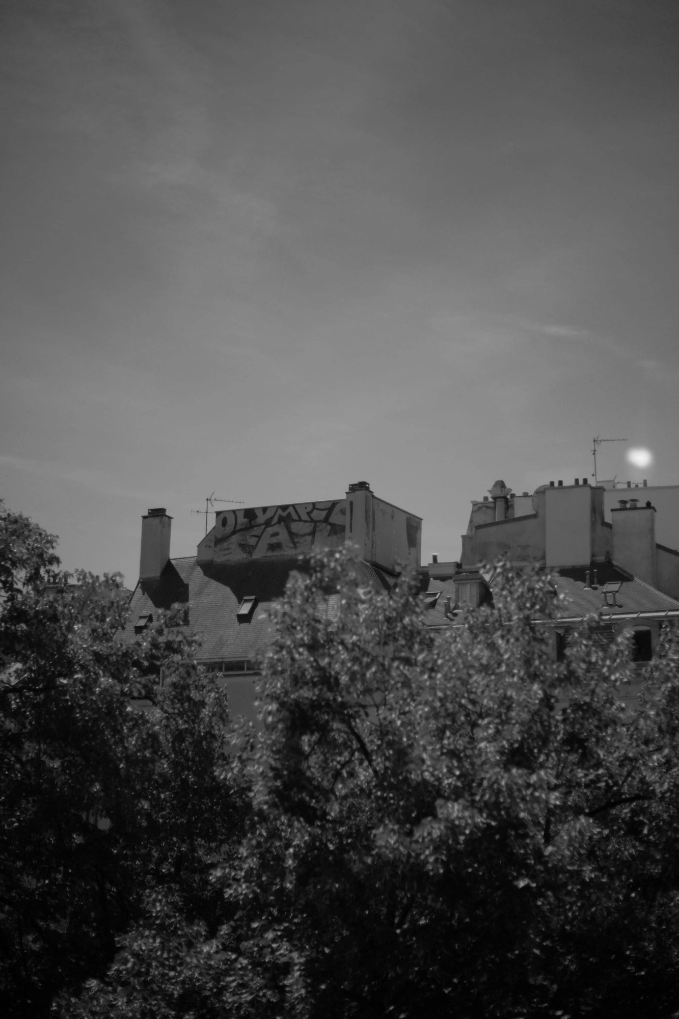 Building in distance with graffiti