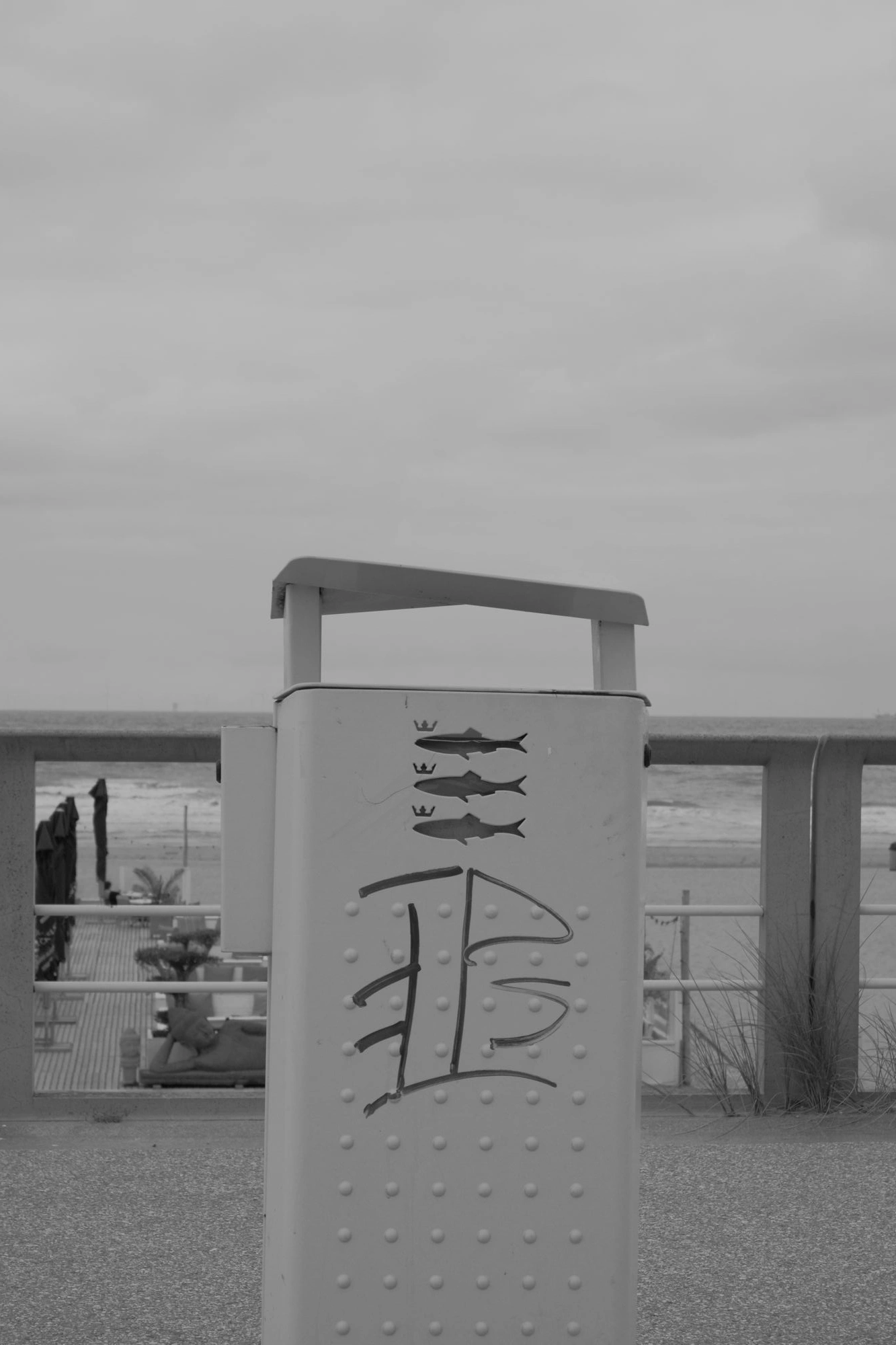 2026-07-18 - xt15-45 - bw - NL - Scheveningen - Bin with grafitti and 3 fish with crowns