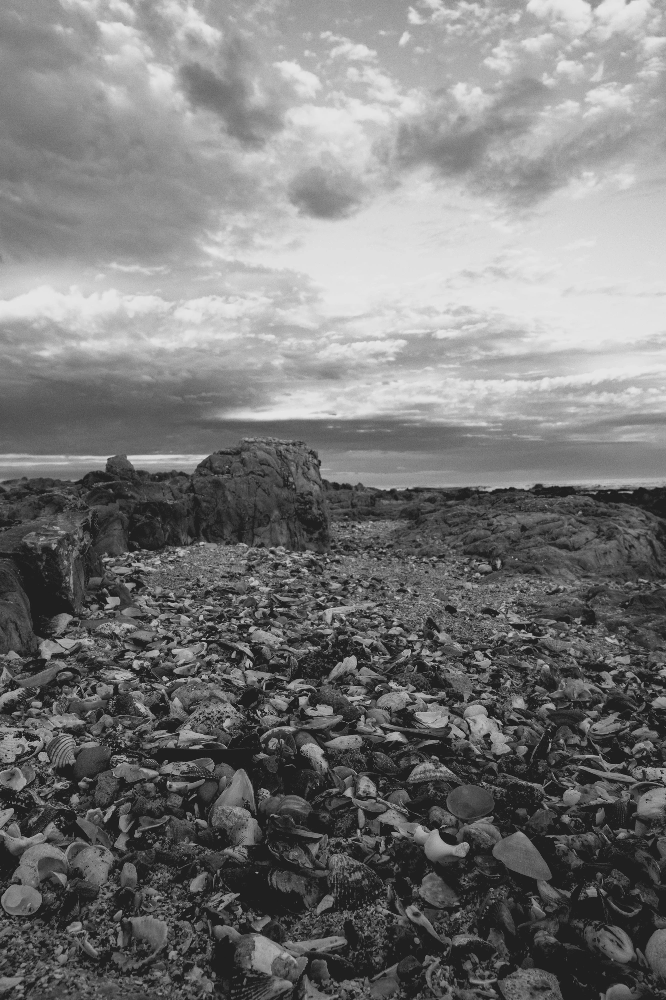 2022-02-13 - xt15-45 - bw - ZA - Cape Town - Rocks and the ocean under a partly cloudy sunrise