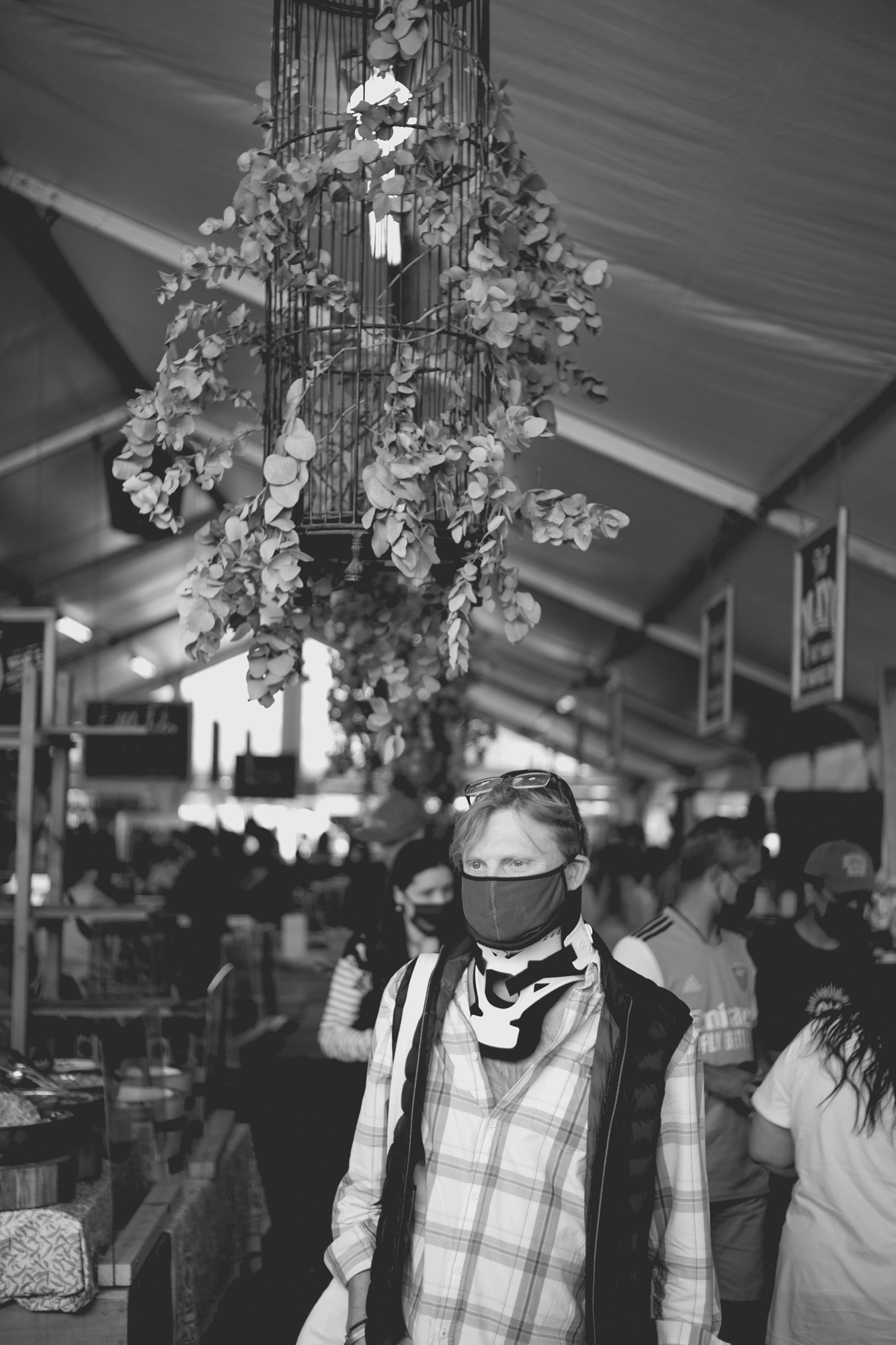 2022-02-18 - xt35 - bw - ZA - Cape Town - Man beneath hanging plant