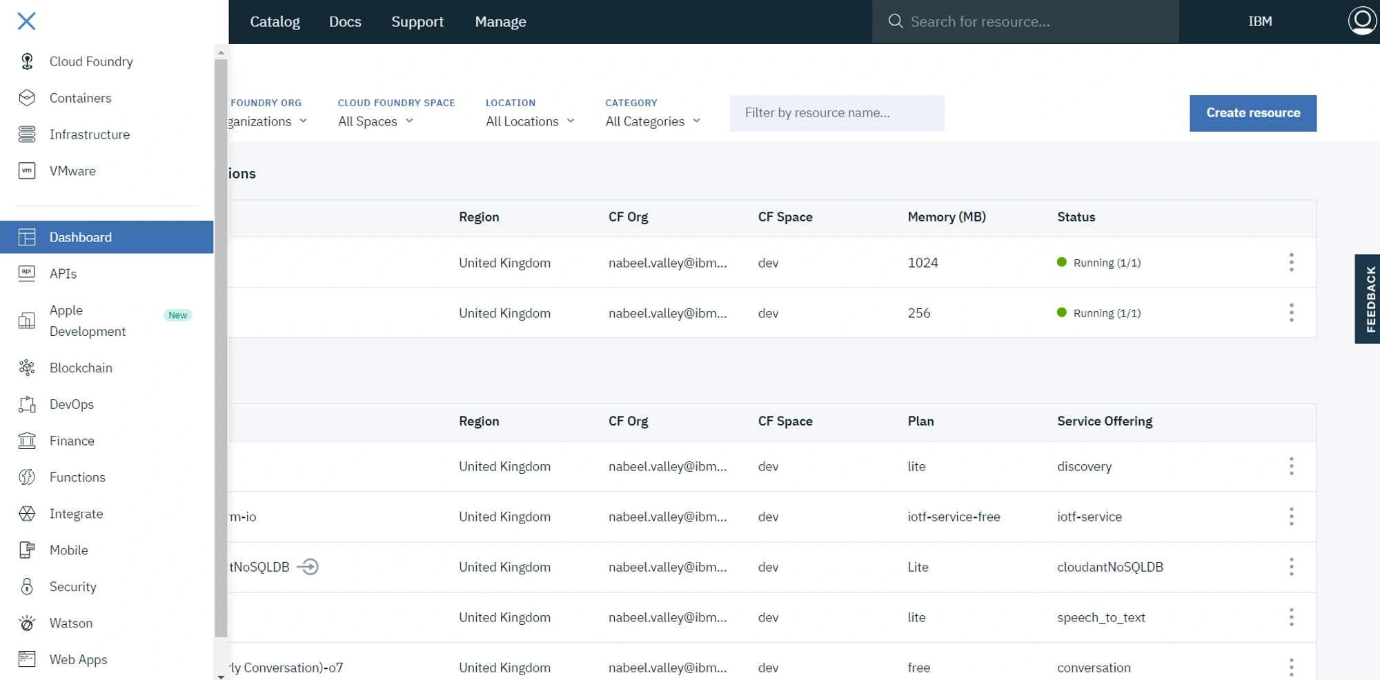 IBM Cloud Dashboard