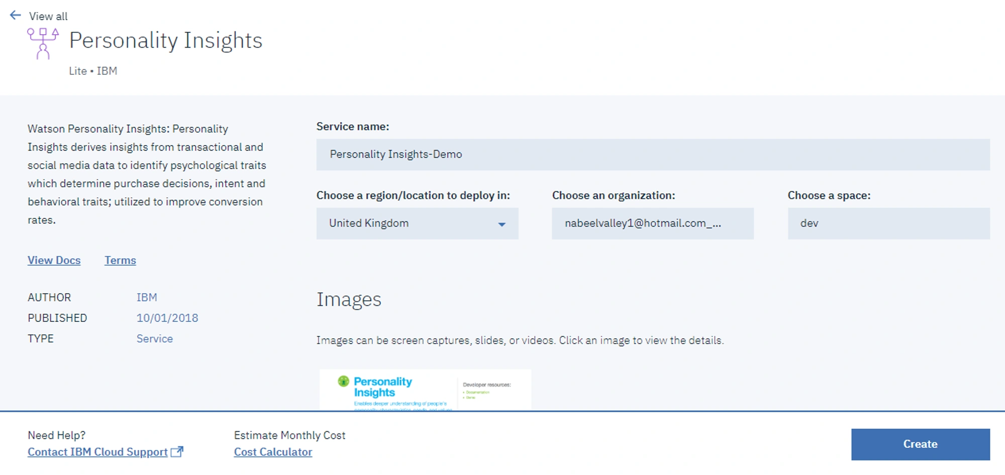 Personality Insights Service Creation