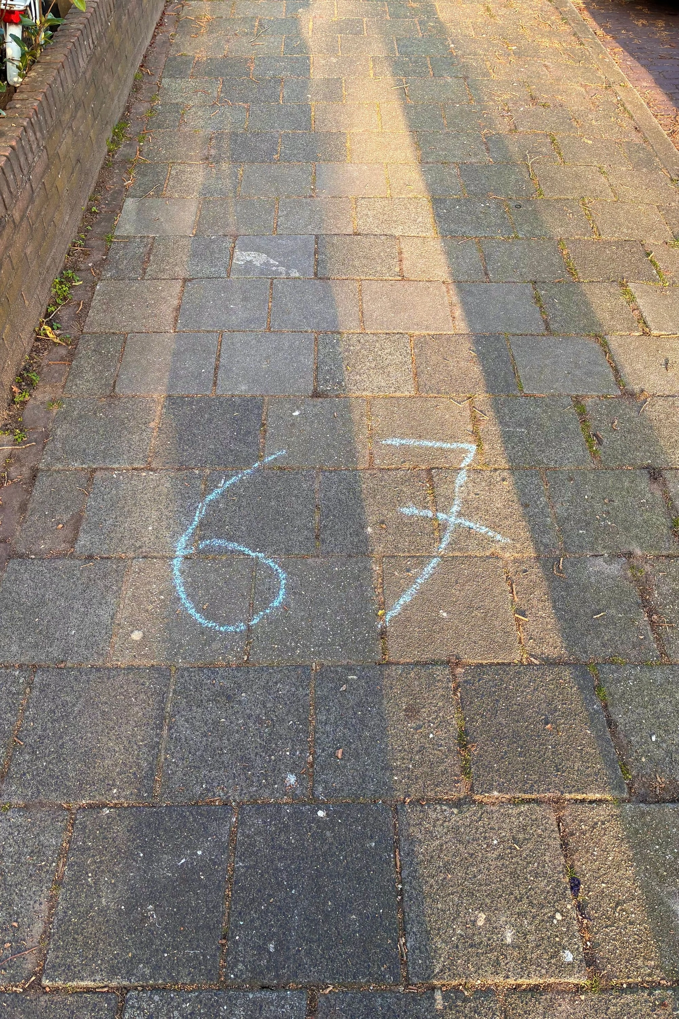 2026-03-08 - Number 67 in blue chalk on the sidewalk.J