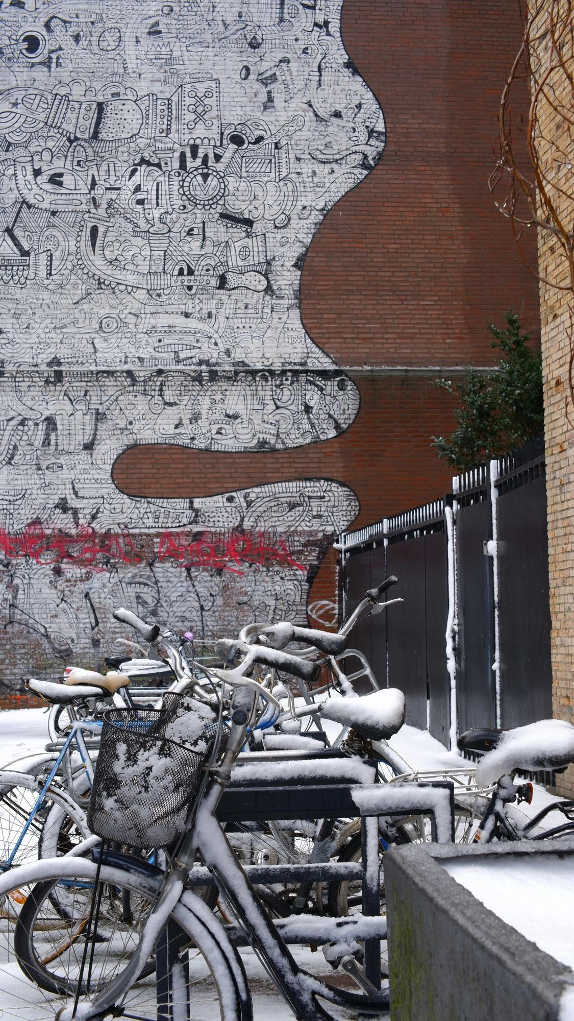 Bicyclces in front of mural of a face.J